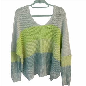 Lime green blue v neck oversized sweater large